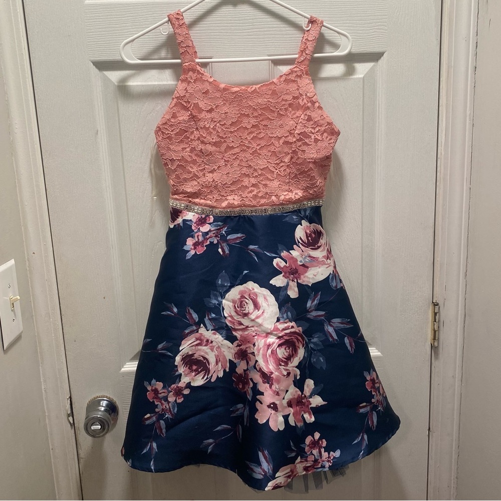 Speechless kids pink and navy blue rosette satin dress - Picture 1 of 3